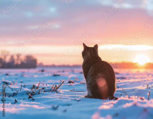 Cat sitting in snow under pastel winter sunrise sky