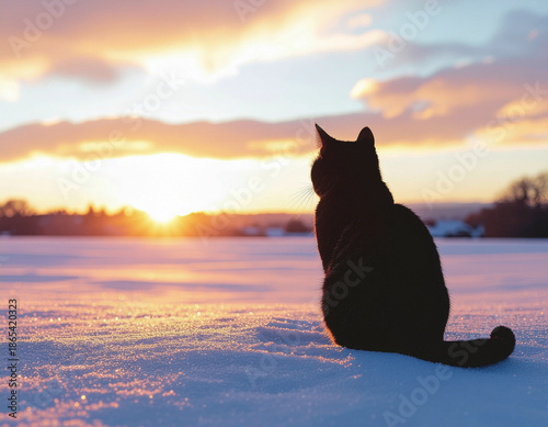 Silhouette of a cat at golden winter sunrise