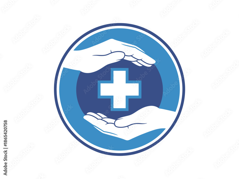 Obraz premium A vector graphic illustration of two hands cradling a medical cross symbol within a blue circle, representing healthcare and protection.