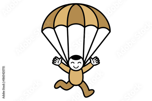 A cartoon character in mid-air with a parachute, smiling and enjoying the thrill of the jump.