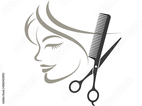 A minimalist vector graphic of a woman's face with hairdressing tools