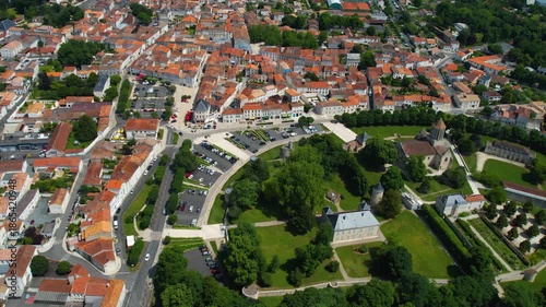 Aerial panorama view from the old town in the city Surgères in France, on a sunny summer noon