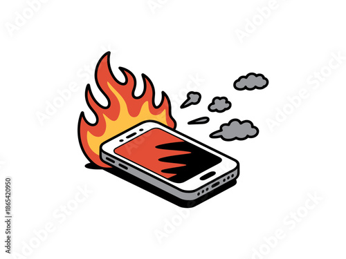 A cartoon illustration of a smartphone on fire with smoke coming out