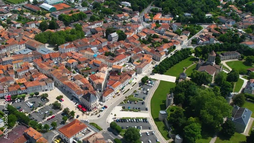 Aerial panorama view from the old town in the city Surgères in France, on a sunny summer noon