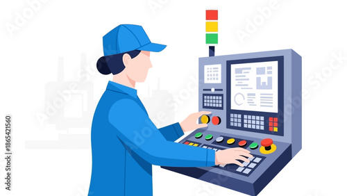Industrial worker operating control panel machinery in factory setting.