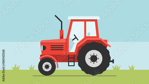 Red Tractor on a Green Field with Blue Sky.