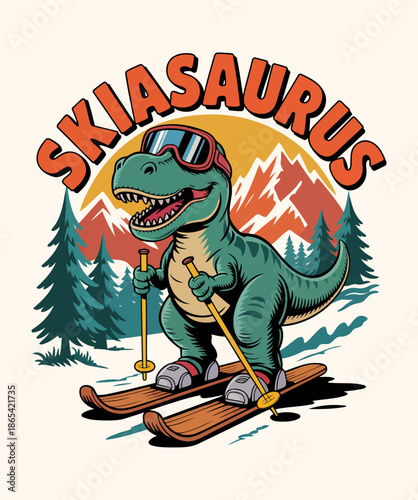 Creative Skiasaurus Logo Featuring Dinosaur on Skis in Winter