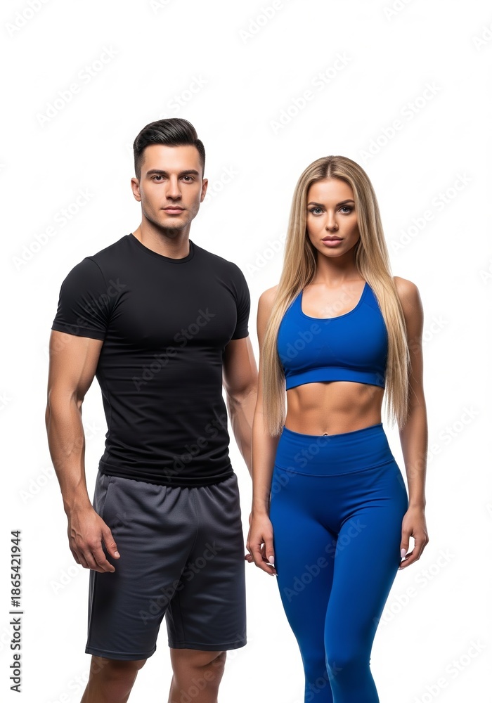 Obraz premium Confident athletic couple showcasing their fit physiques in matching activewear against a crisp white studio background, embodying a healthy and active lifestyle with determination