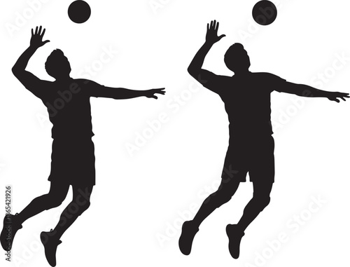Black silhouette of two volleyball players jumping to hit a ball on a