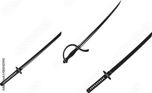 Three black katana swords isolated on with handles