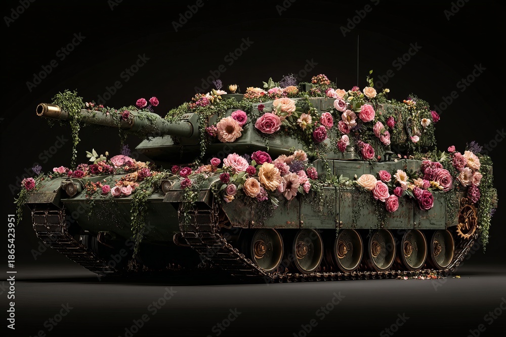 Naklejka premium Old n 90 military tank adorned with flowers a unique blend of war and nature s beauty