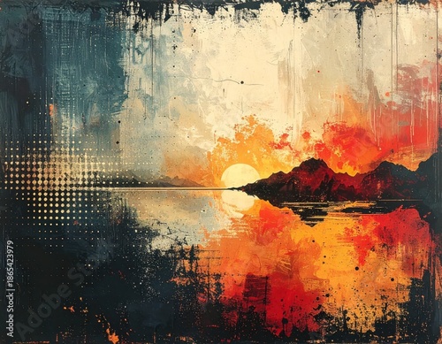 Abstract artistic landscape with sun and textured painted horizon. Generated image