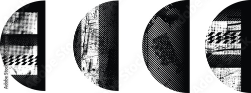 Glitch distorted circles . Noise destroyed logo . Trendy defect error shapes . Glitched frame .Grunge textured . Distressed effect .Vector shapes with a halftone dots screen print texture. 