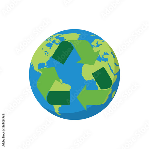 A blue Earth with green landmasses and the recycling symbol overlaid in green
