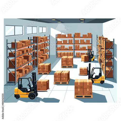Warehouse scene with forklifts, shelves of boxes, and pallets