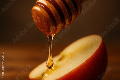 honey dripping from a honey dipper on the half apple
