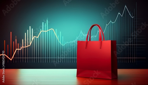 a red shopping bag is on a table with a graph of a rising line behind it