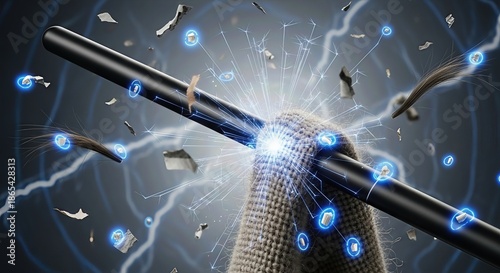 Electrostatic phenomenon from friction on a black rod rubbed by textured cloth, creating bright blue sparks attracting small floating particles, demonstrating triboelectric effect.