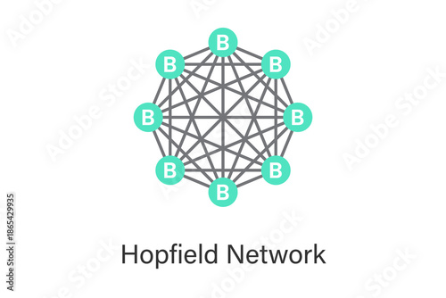 Hopfield neural network concept illustration with fully connected recurrent neurons, used for associative memory, pattern recognition, optimization, and AI energy-based modeling.