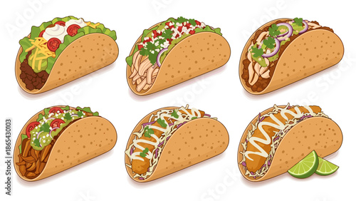 Six different types of hard shell tacos with various fillings and toppings