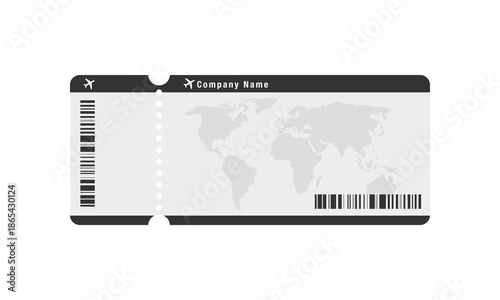 Minimalist grayscale vector illustration of an airplane boarding pass ticket with world map outline and barcodes on white.