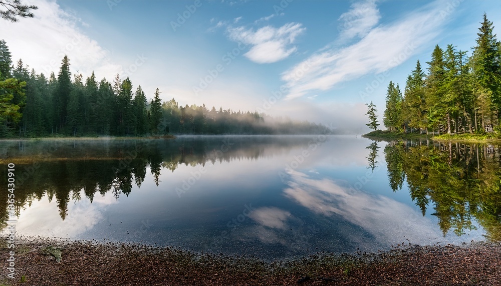 Obraz premium a tranquil forest scene with a calm lake reflecting the trees and the sky above the view is from the edge of the water looking out over the still surface to where it meets the misty horizon
