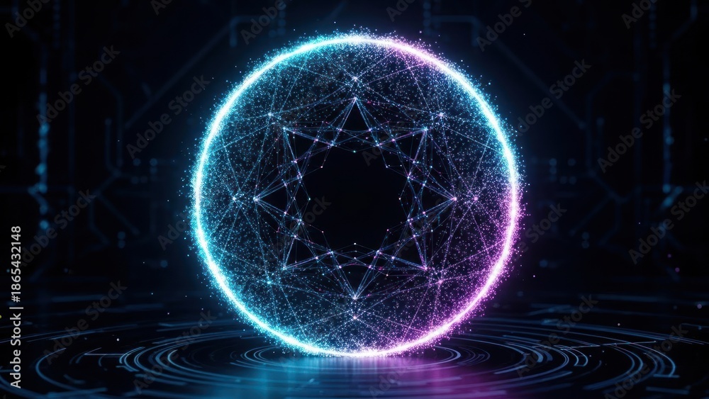 Obraz premium Glowing digital sphere with interconnected lines and particles on dark background