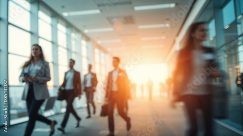 business workplace with people in walking in blurred in modern office space