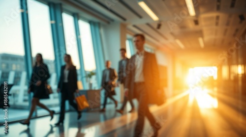 business workplace with people in walking in blurred in modern office space