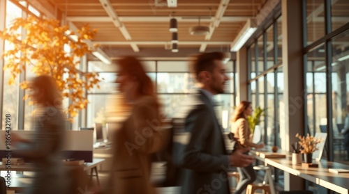 business workplace with people in walking in blurred in modern office space
