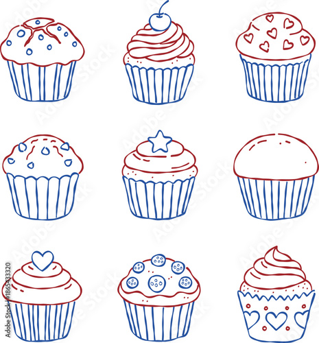 Set of delicious cupcakes with sprinkles and chocolate cream featuring cute strawberry and cherry decorations for a sweet birthday bakery party vector illustration