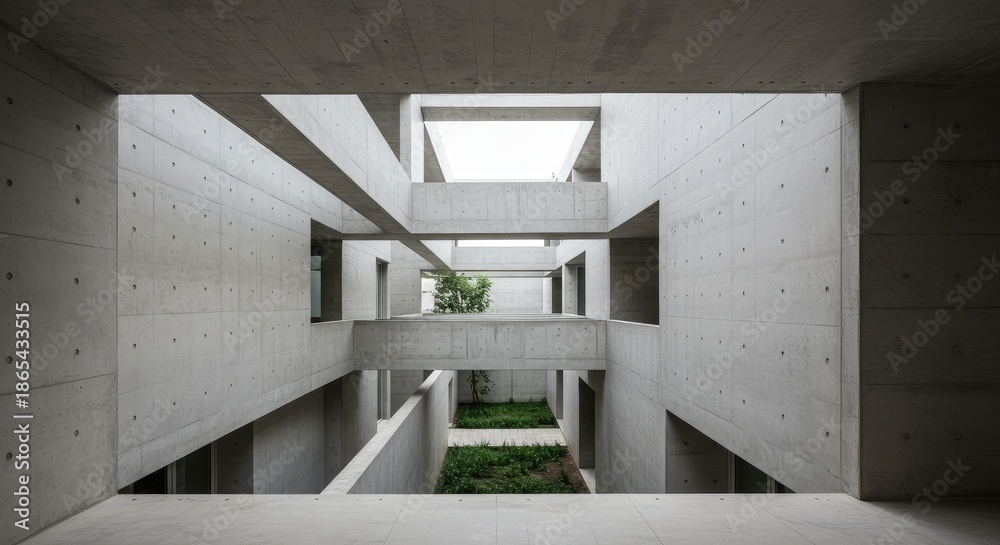 Fototapeta premium Interior view of a modern concrete apartment complex, showcasing a light-filled courtyard
