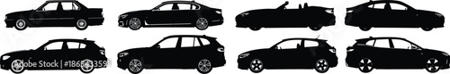 Vector Set of Diverse Car Silhouettes, Collection of Sedan Convertible Hatchback SUV Models, Black Isolated Graphic for Automotive Transport Travel Dealer and Rental Design.