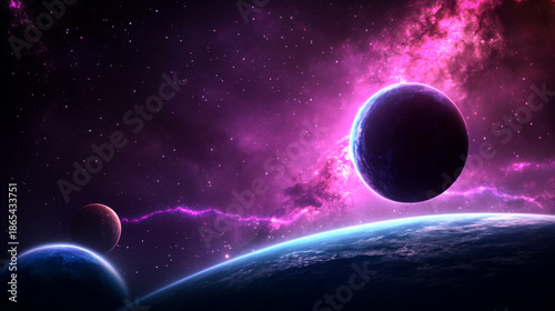 Cosmic scene of electric magenta binary star system with blue planets in orbit