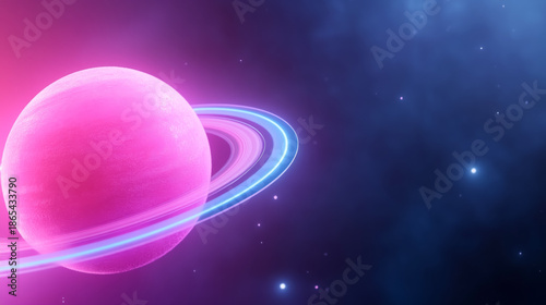 Crystalline pink planet with cyan glowing rings in cosmic space scene