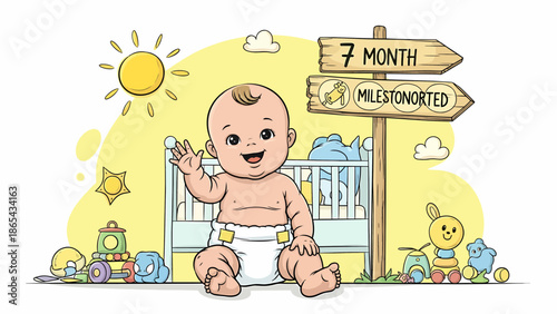 Adorable 7MonthOld Baby Sitting Surrounded by Toys and Milestones.