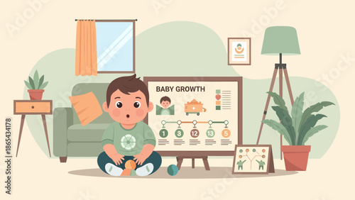 Adorable Baby Boy Sitting with Baby Growth Chart Illustration.