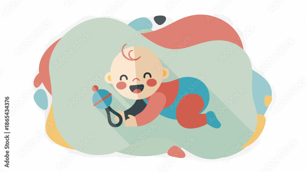 Fototapeta premium Happy Baby Crawling with Rattle Toy Illustration.
