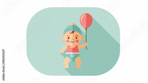 Cartoon baby holding a red balloon with a happy expression.