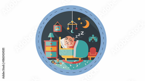 Illustration of a baby sleeping peacefully in a nursery.