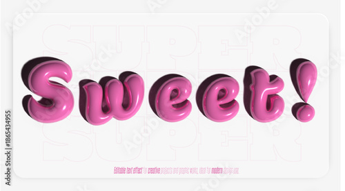 Three dimensional bubble pink glossy word sweet with soft shadows close up on white rounded card playful low angle vector