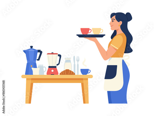 A woman in an apron serving coffee and pastries in a cozy kitchen setting