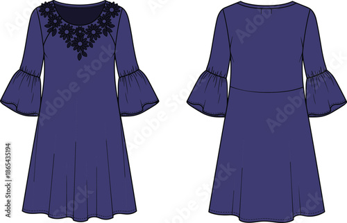 Vector technical fashion flat sketch, women's navy blue tunic dress, floral embroidery neckline, bell sleeves, front and back view illustration.
