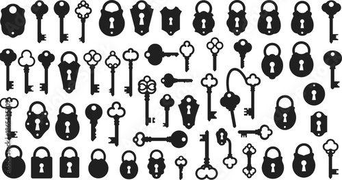 Vintage key silhouettes, antique lock icons, security symbols, padlock shapes, skeleton keys, ornate designs, access control, retro style, vector set