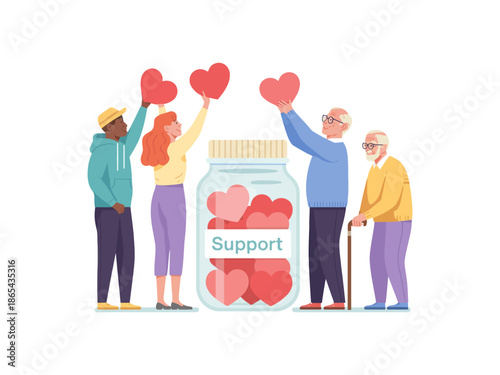 A group of people showing support and care for each other with hearts