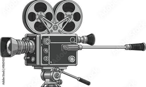 Vintage movie camera vector illustration, retro cinema equipment with film reels and tripod, isolated on white background for filmmaking