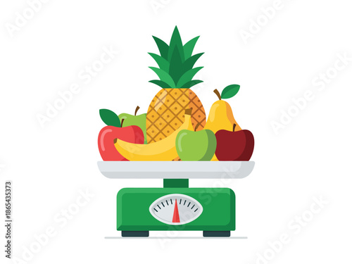 A colorful illustration of a green scale with a variety of fresh fruits including pineapple, apples, bananas, and pears.