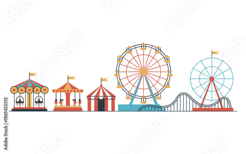 A colorful illustration of an amusement park with various rides and attractions.