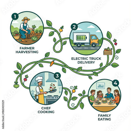 infographic illustrating the farm-to-table process. four steps show a farmer harvesting, delivery by an eco-friendly electric truck, a chef cooking, and a family enjoying a meal. Vector illustration