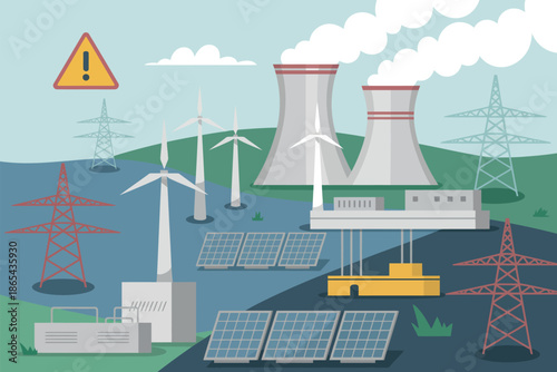 An illustration depicting various sources of renewable energy and power generation including solar panels, wind turbines, and a nuclear power plant.